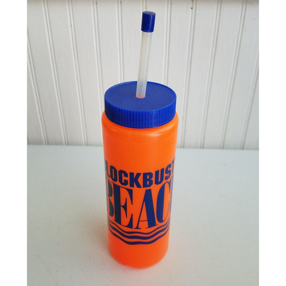 Vintage Blockbuster Beach Party Neon Orange Plastic Water Bottle 80s 90s RARE - Picture 1 of 4